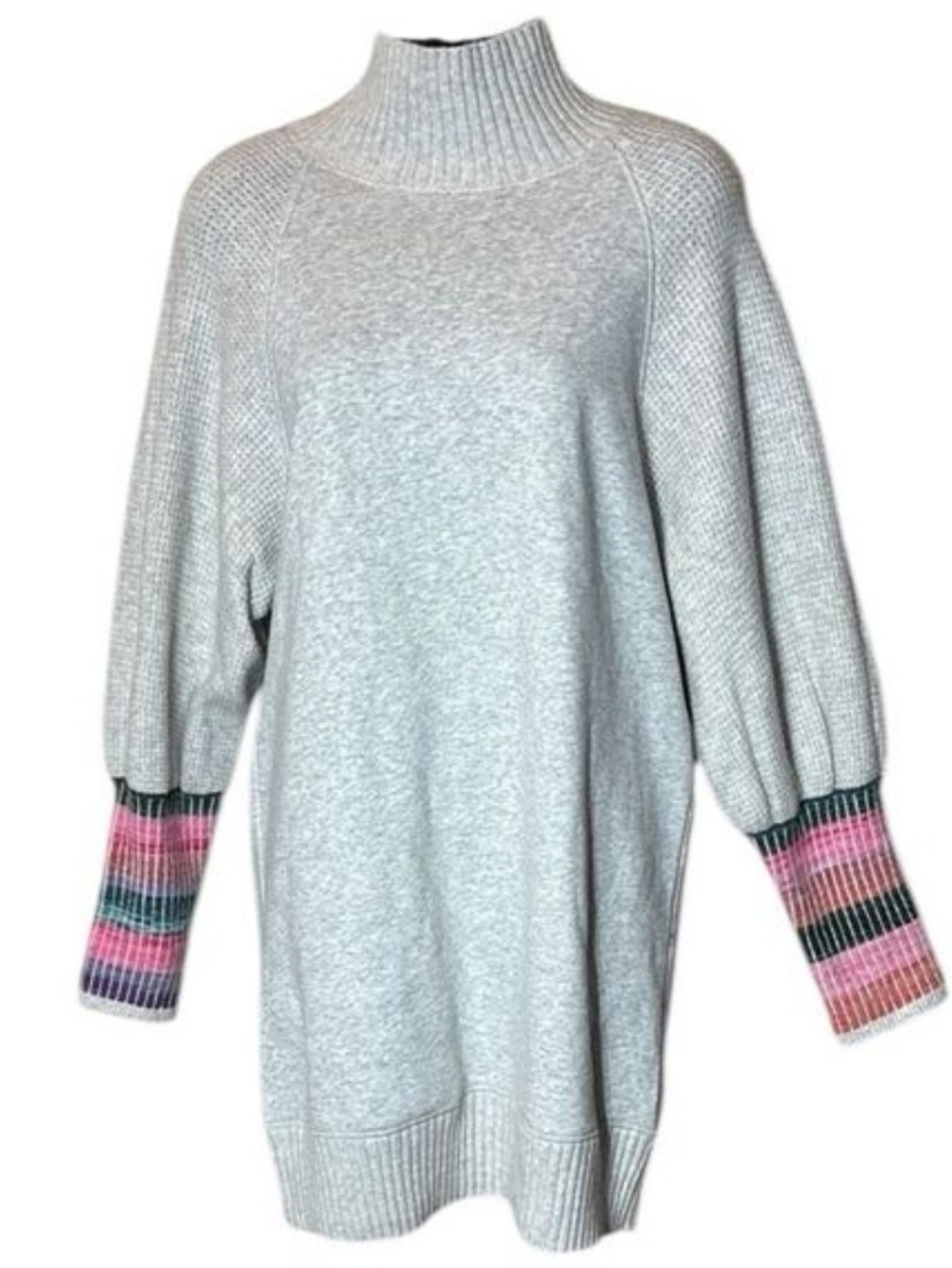 Light Gray Turtleneck Sweater with Pink-Striped Cuffs